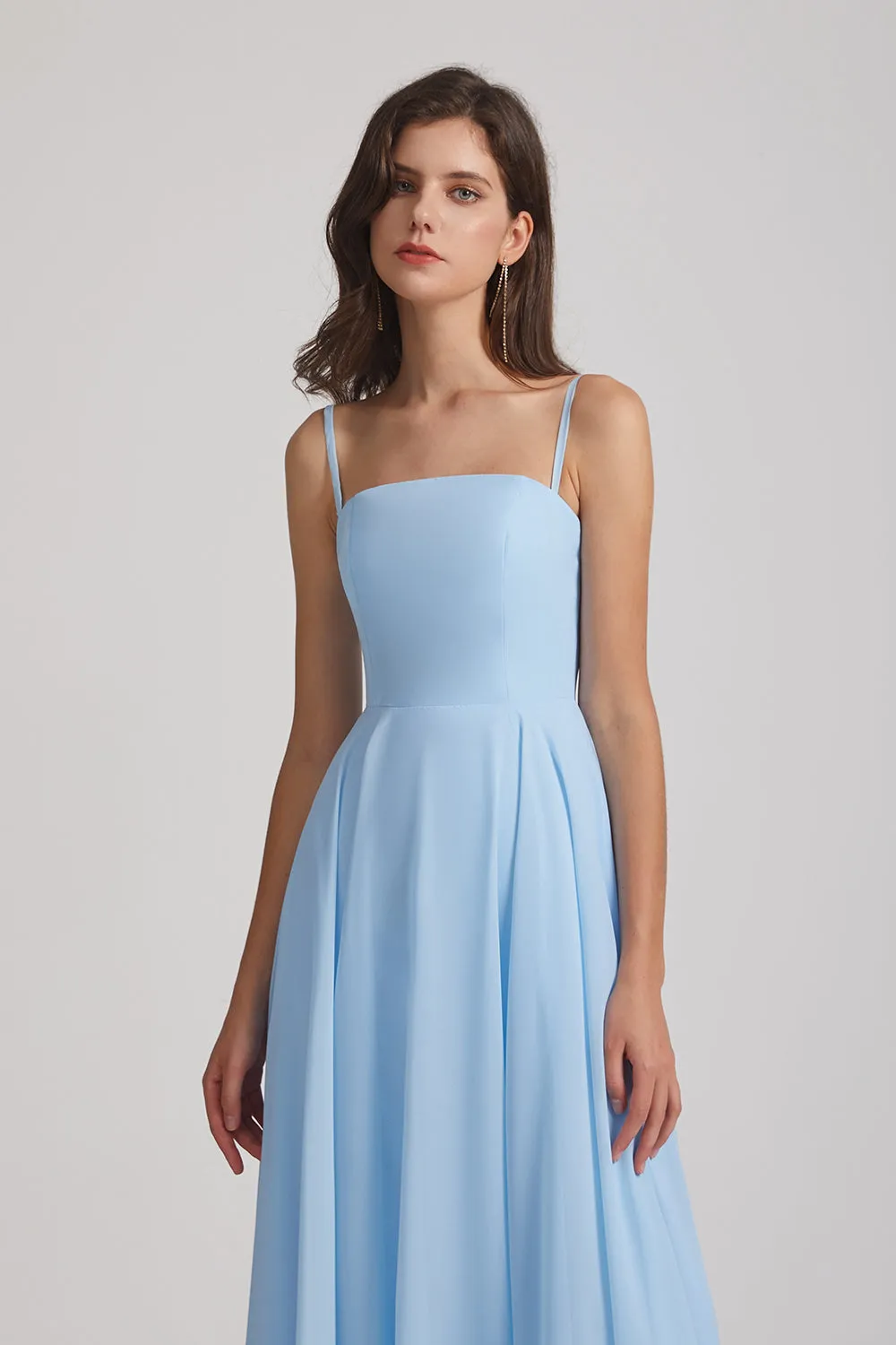 Ruched Spaghetti Straps Blue Chiffon Bridesmaid Dresses (AF0062)