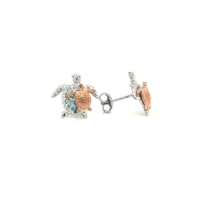 Sea Turtle Stud Earrings with Rose Gold Accents and Aqua Crystals in Sterling Silver