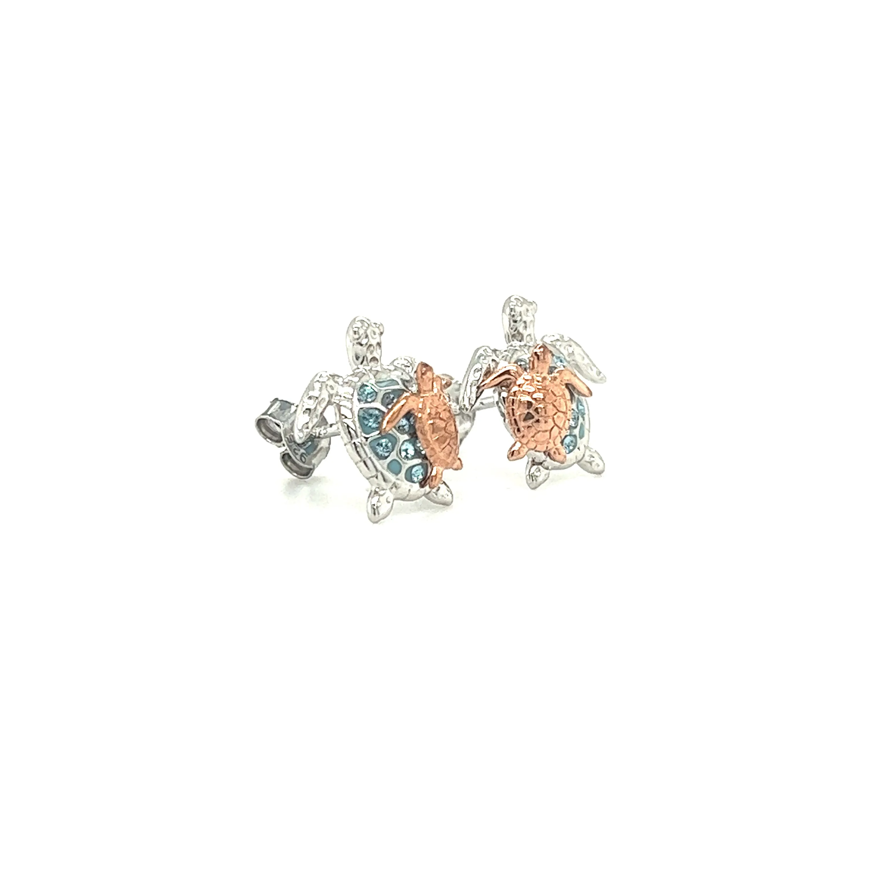 Sea Turtle Stud Earrings with Rose Gold Accents and Aqua Crystals in Sterling Silver