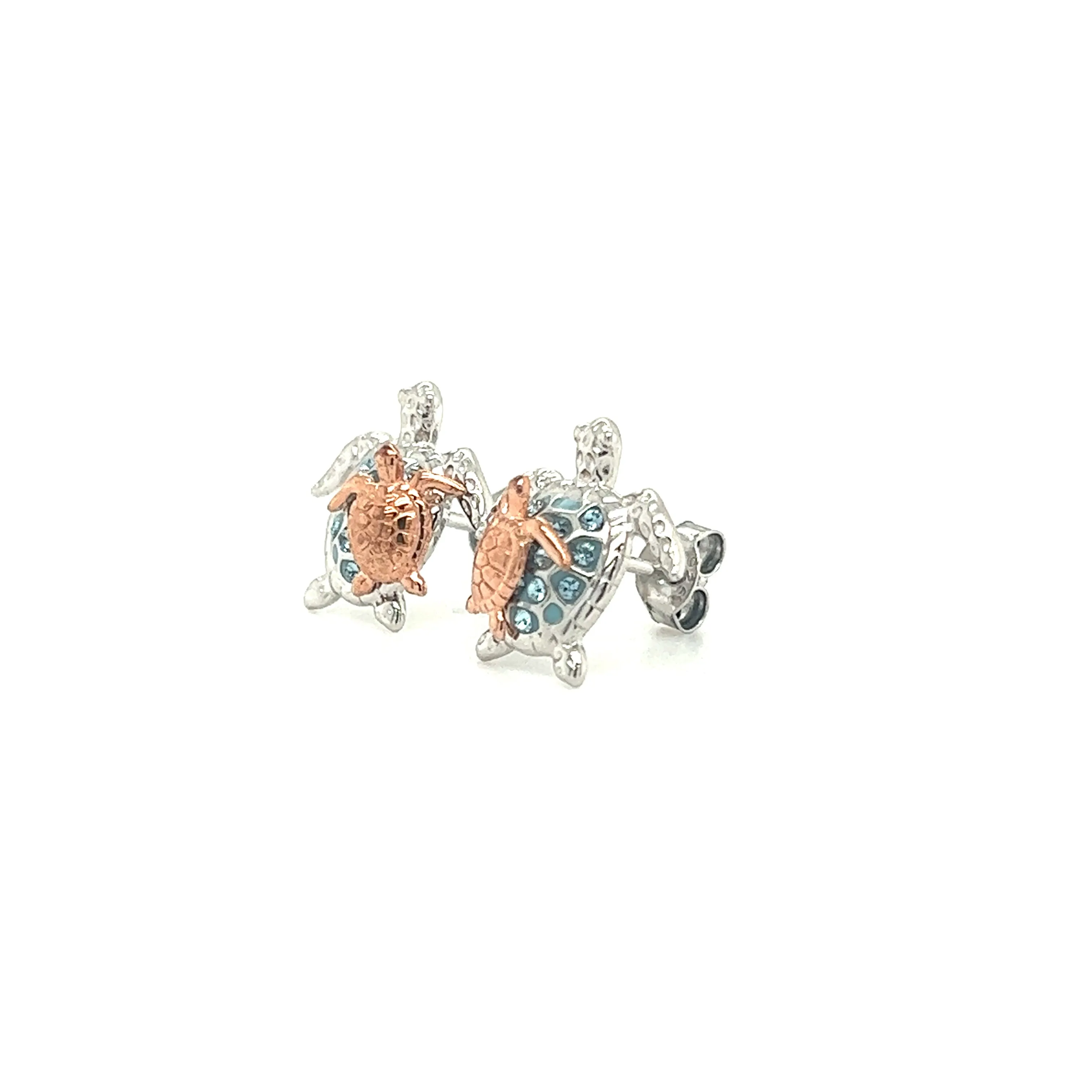 Sea Turtle Stud Earrings with Rose Gold Accents and Aqua Crystals in Sterling Silver