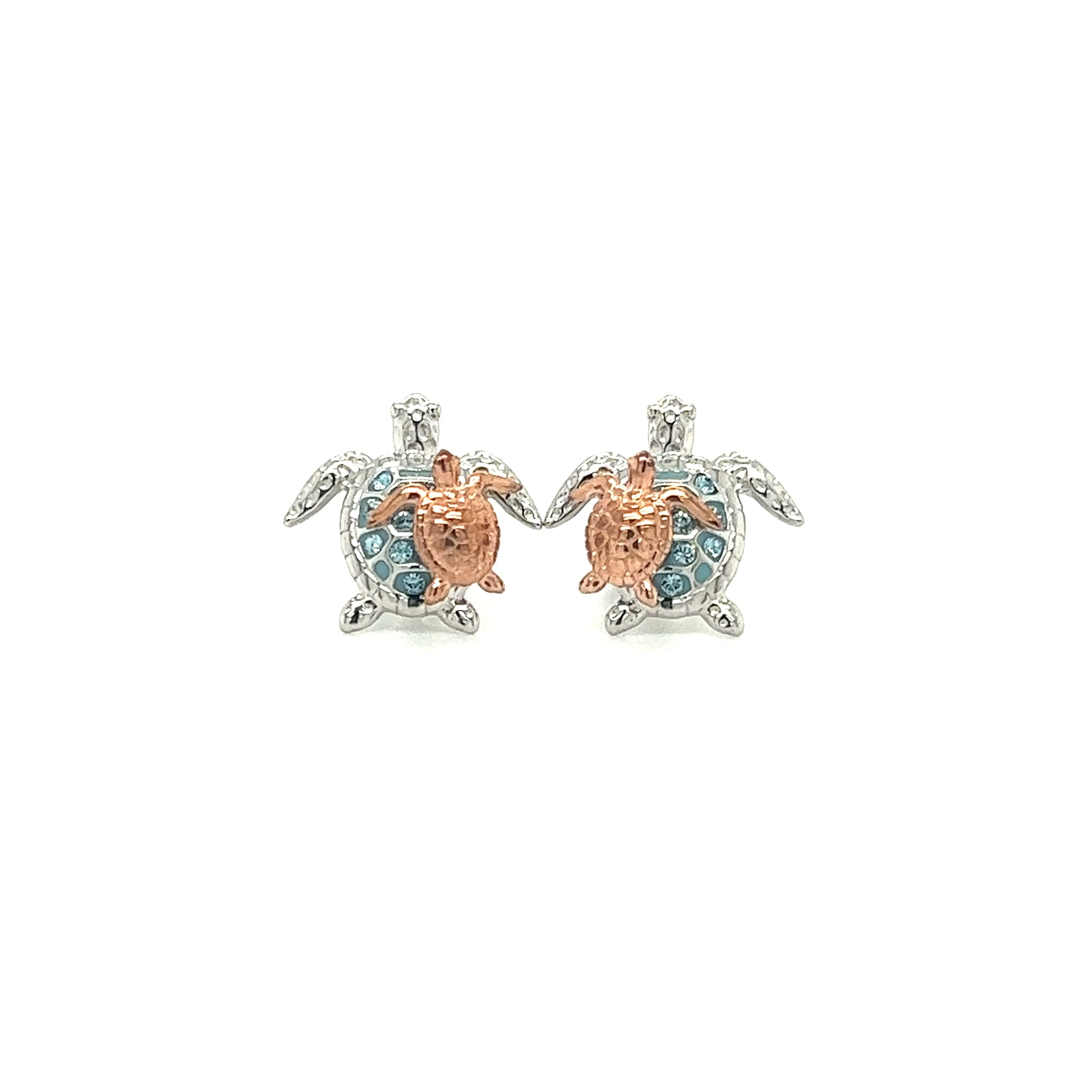 Sea Turtle Stud Earrings with Rose Gold Accents and Aqua Crystals in Sterling Silver