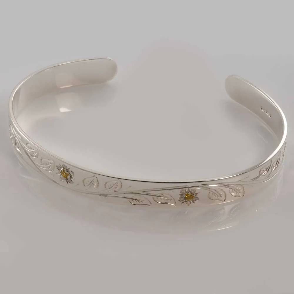 Silver 8mm Hand Engraved Flower & Leaf Cuff Birthstone Bracelet