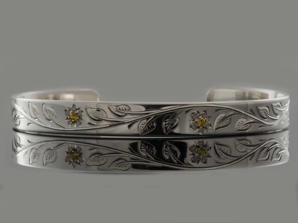 Silver 8mm Hand Engraved Flower & Leaf Cuff Birthstone Bracelet