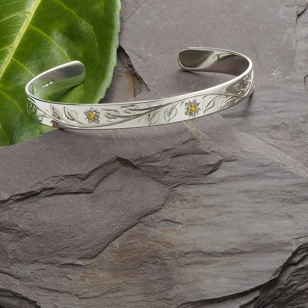 Silver 8mm Hand Engraved Flower & Leaf Cuff Birthstone Bracelet