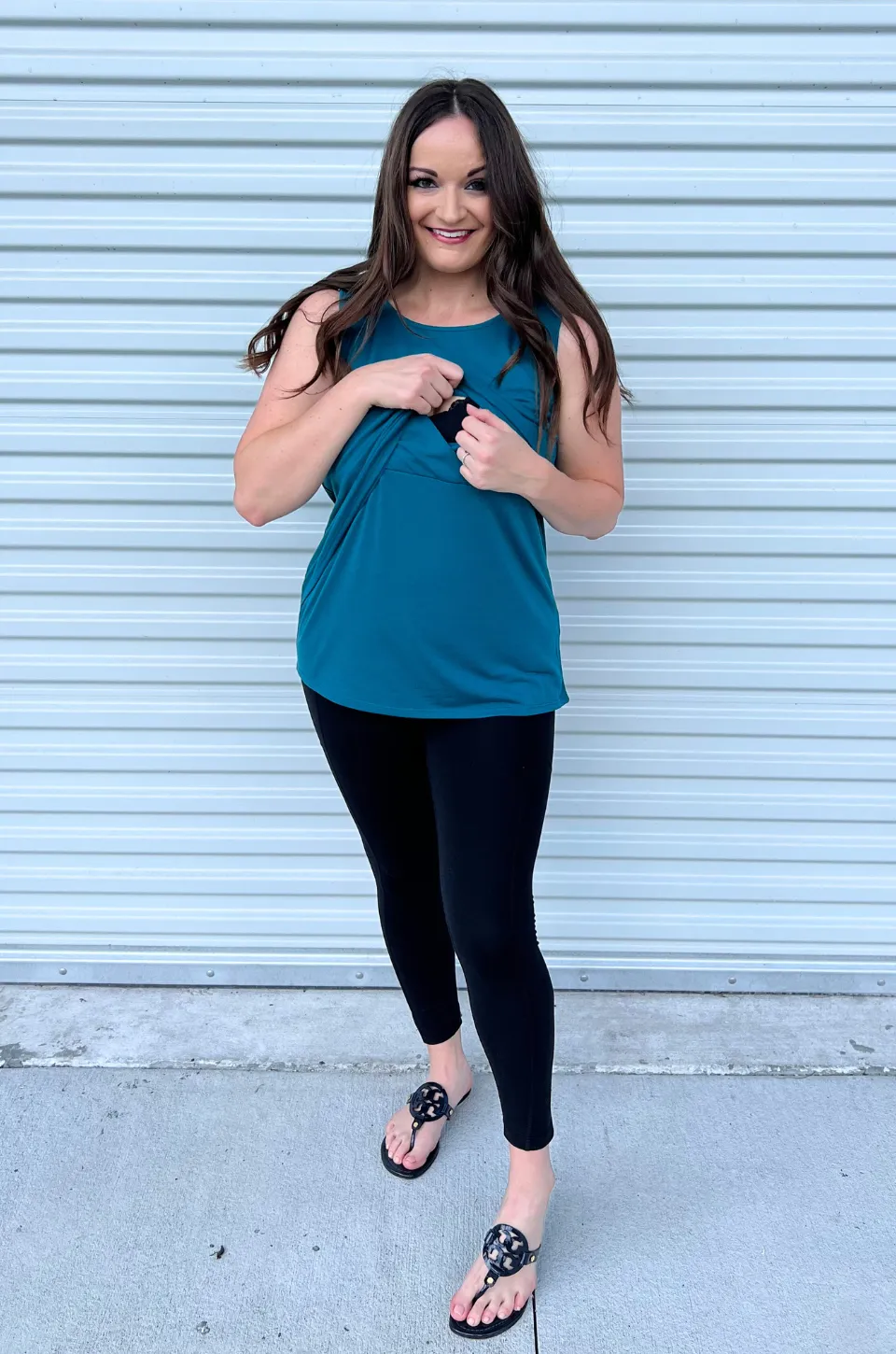 Sleeveless Nursing Tank Top With Asymmetrical Flap - Dark Teal