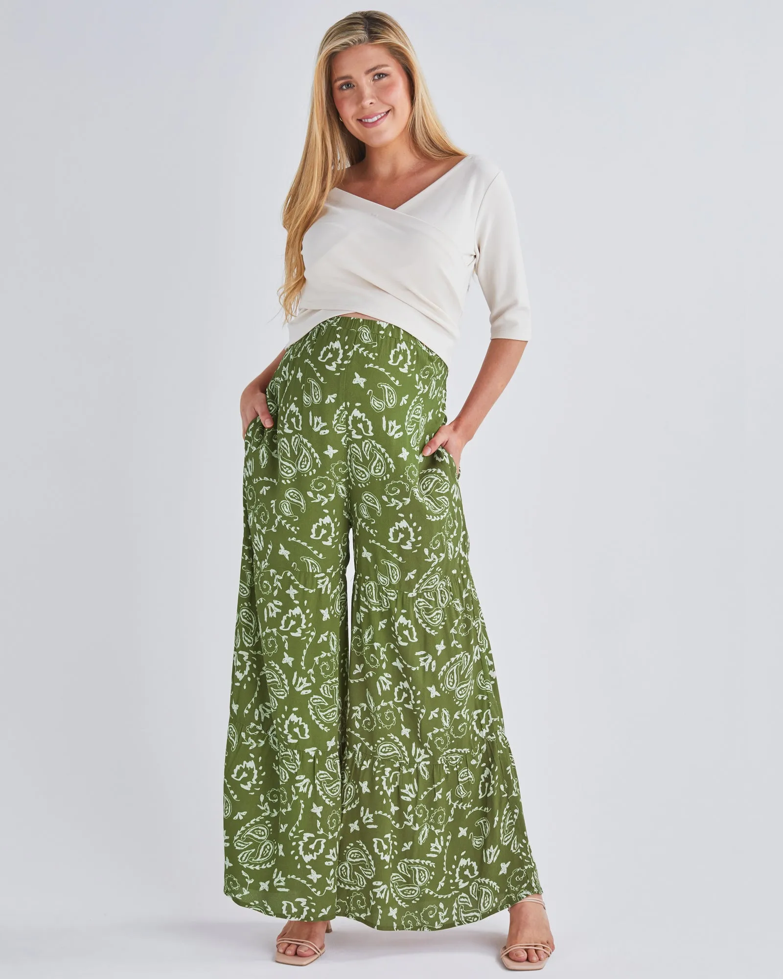 Stacie Wide Leg Maternity Pants in Green Paisley Print