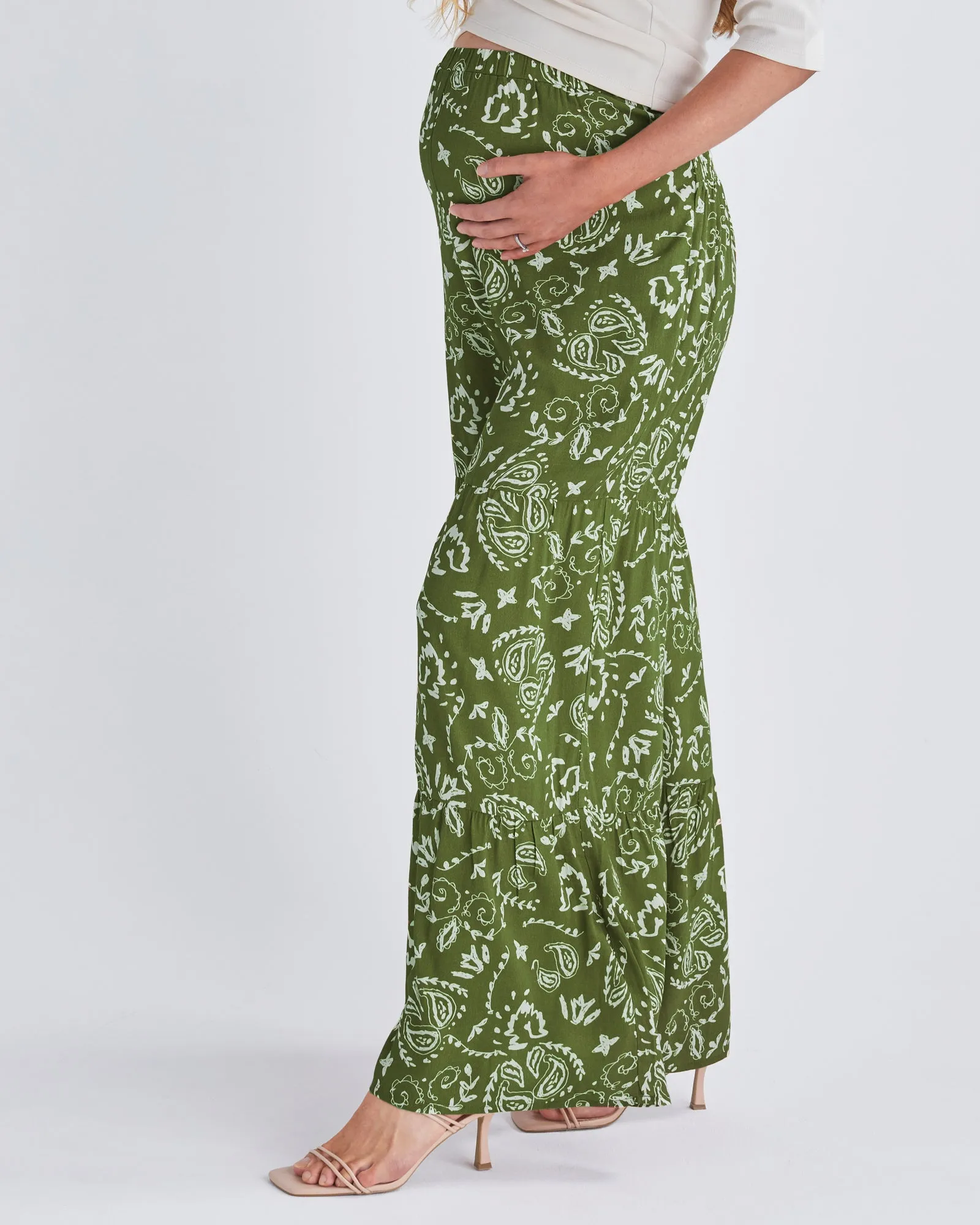 Stacie Wide Leg Maternity Pants in Green Paisley Print