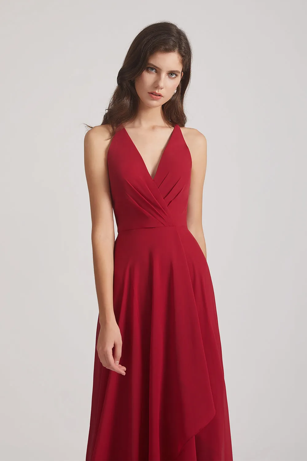 Straps V-Neck Chiffon Country High Low Bridesmaid Dresses (AF0090)