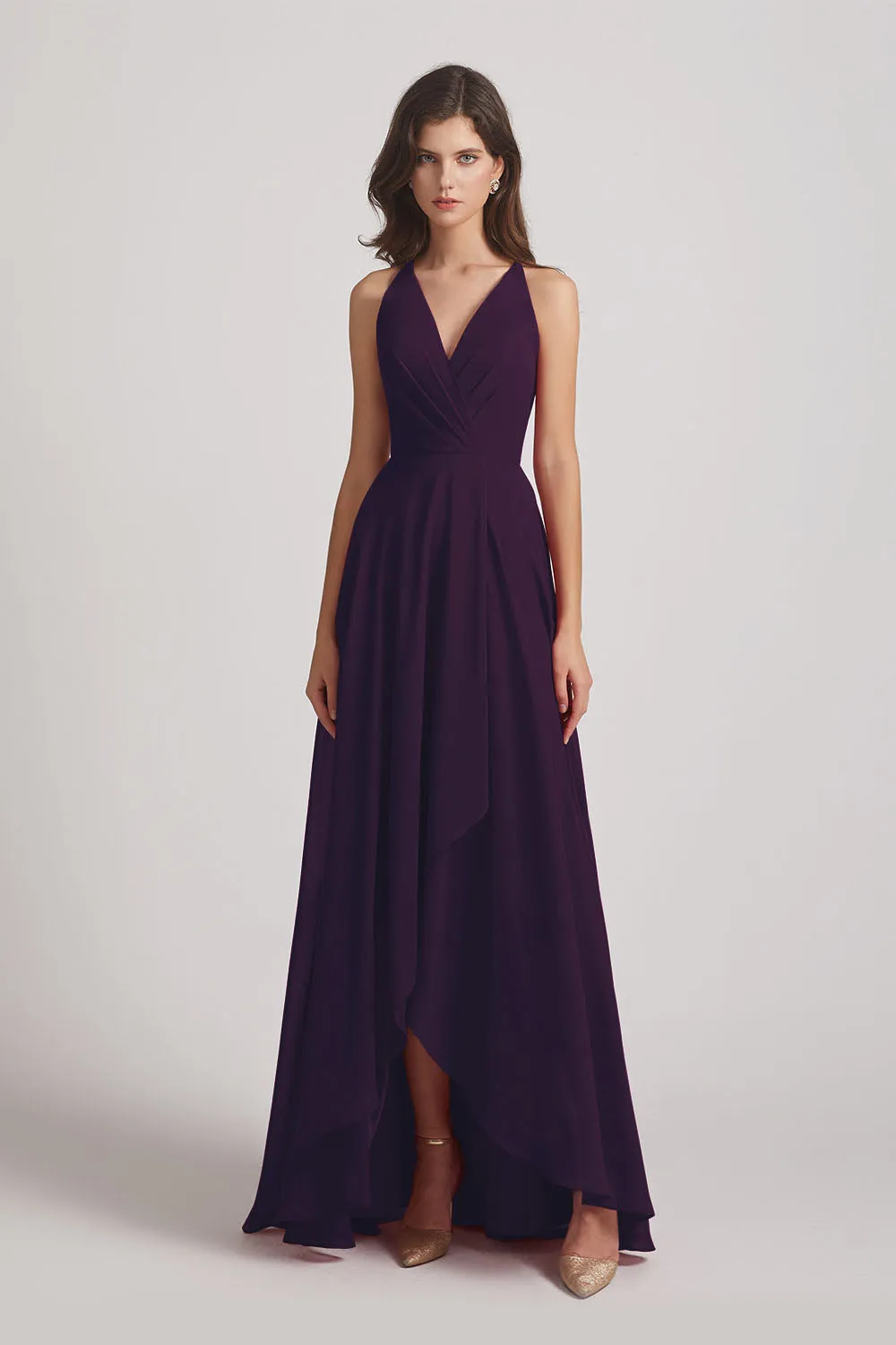 Straps V-Neck Chiffon Country High Low Bridesmaid Dresses (AF0090)