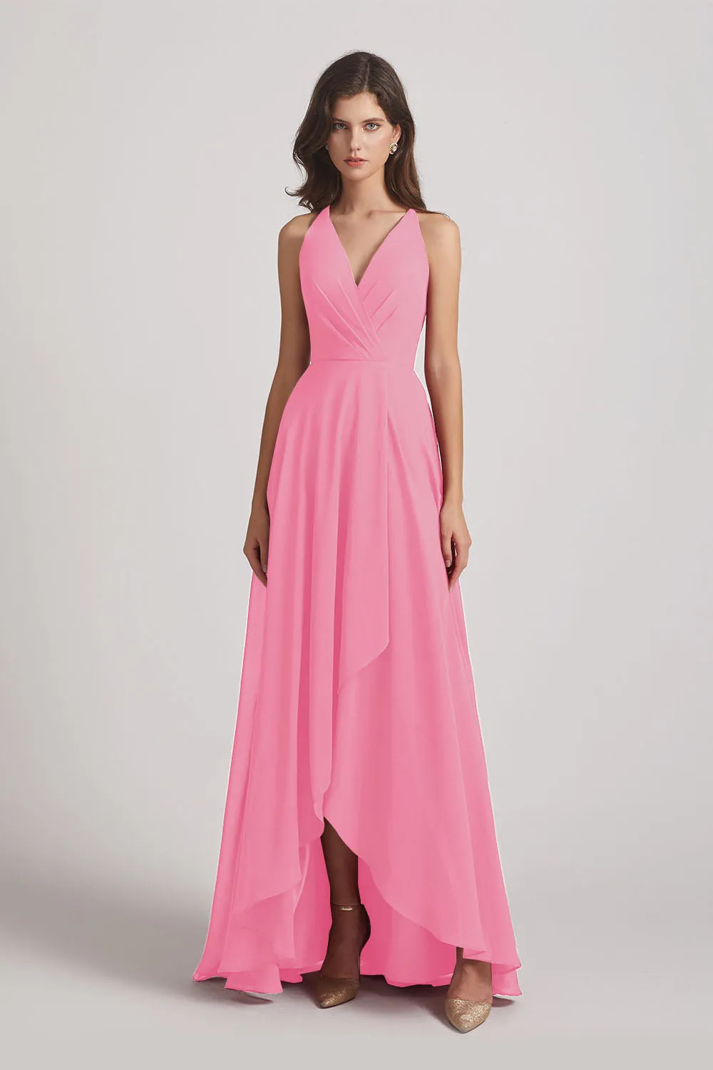 Straps V-Neck Chiffon Country High Low Bridesmaid Dresses (AF0090)