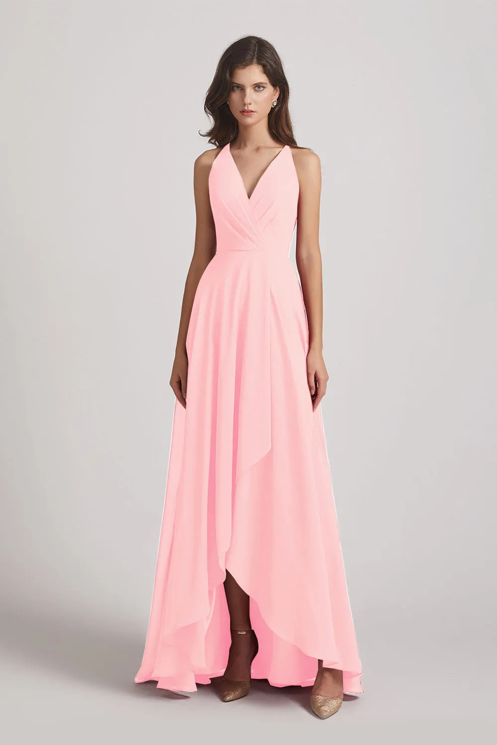 Straps V-Neck Chiffon Country High Low Bridesmaid Dresses (AF0090)