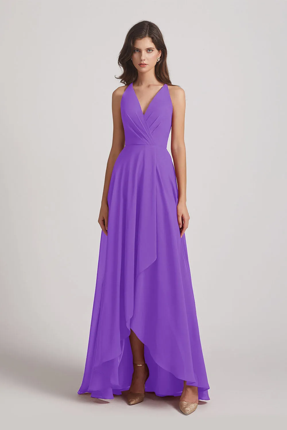 Straps V-Neck Chiffon Country High Low Bridesmaid Dresses (AF0090)