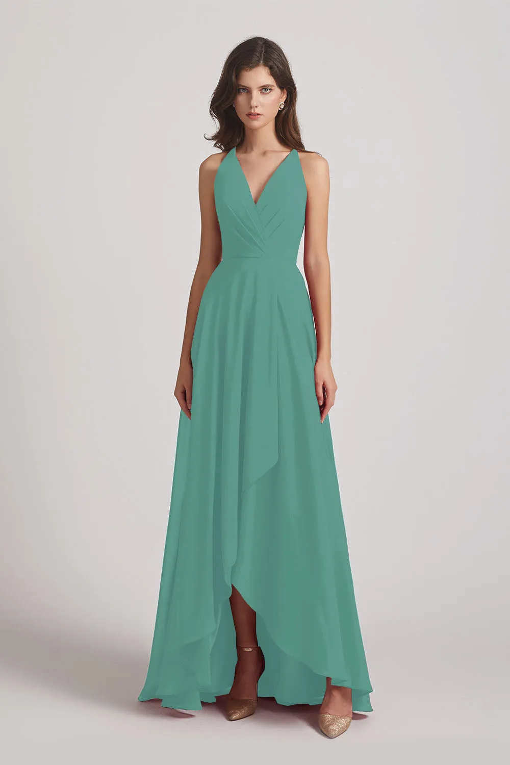 Straps V-Neck Chiffon Country High Low Bridesmaid Dresses (AF0090)