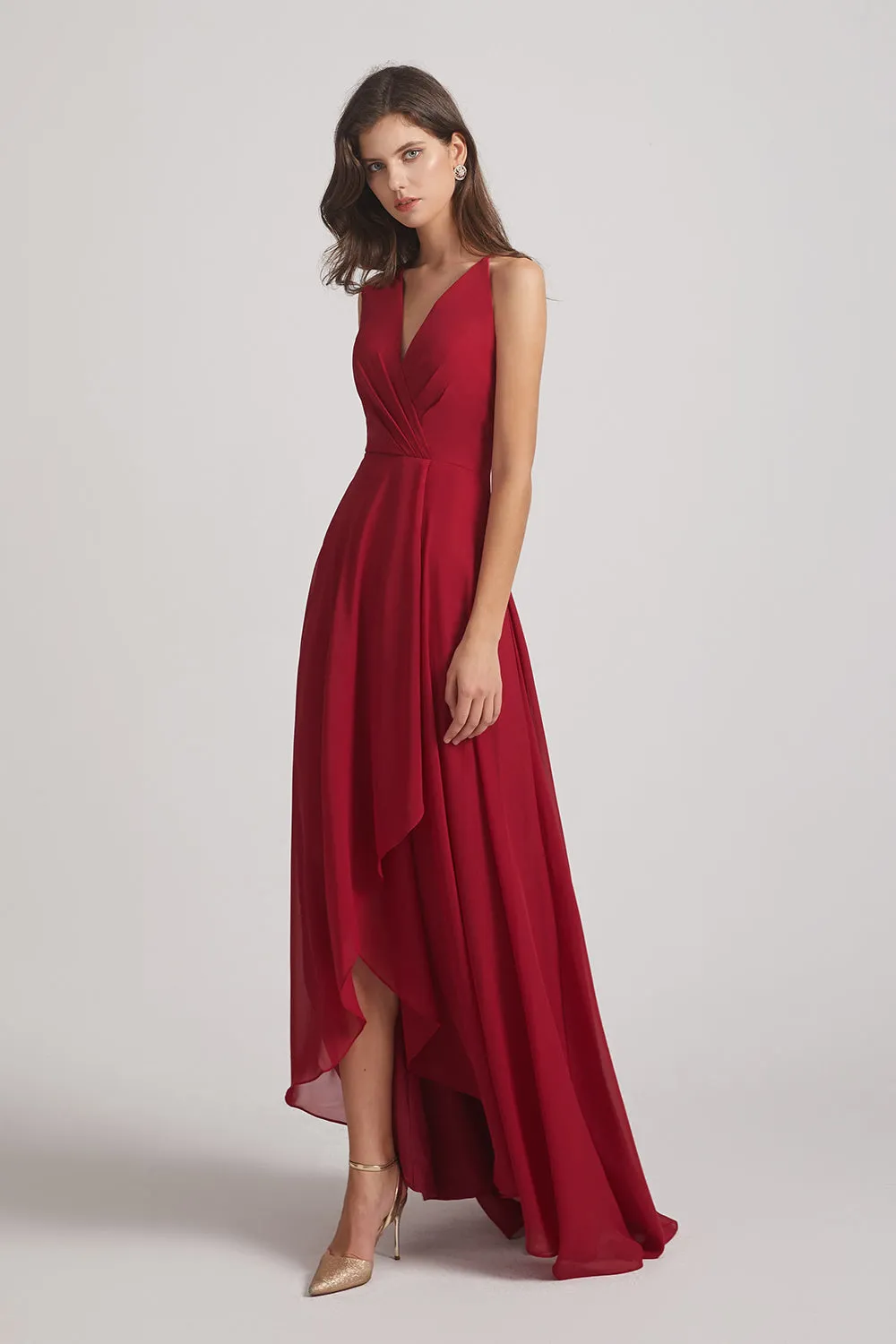 Straps V-Neck Chiffon Country High Low Bridesmaid Dresses (AF0090)