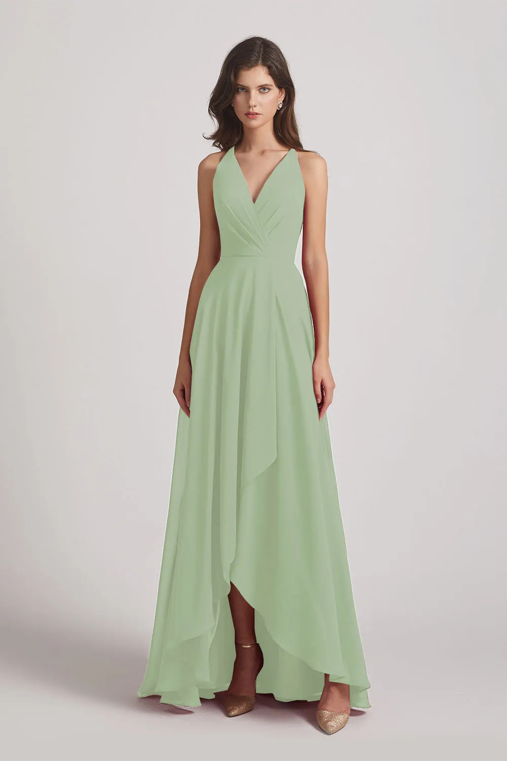 Straps V-Neck Chiffon Country High Low Bridesmaid Dresses (AF0090)