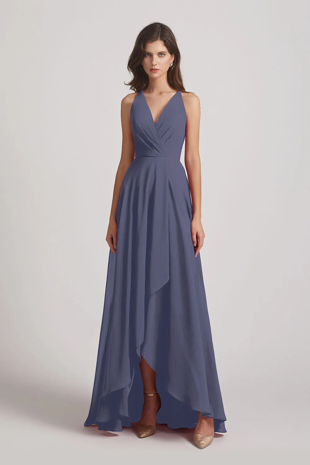 Straps V-Neck Chiffon Country High Low Bridesmaid Dresses (AF0090)