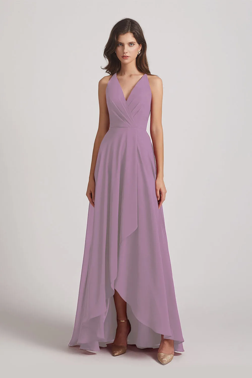 Straps V-Neck Chiffon Country High Low Bridesmaid Dresses (AF0090)