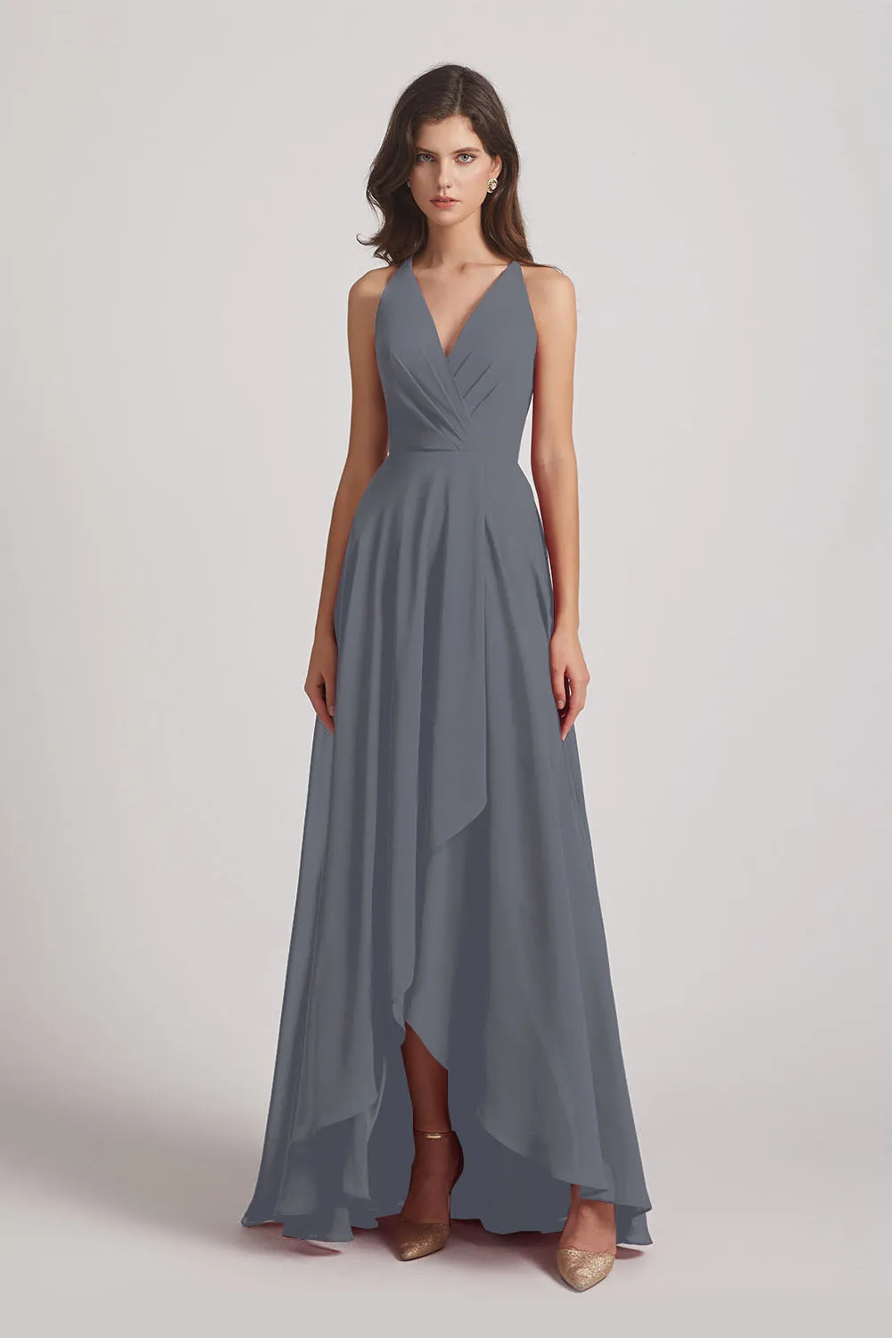 Straps V-Neck Chiffon Country High Low Bridesmaid Dresses (AF0090)