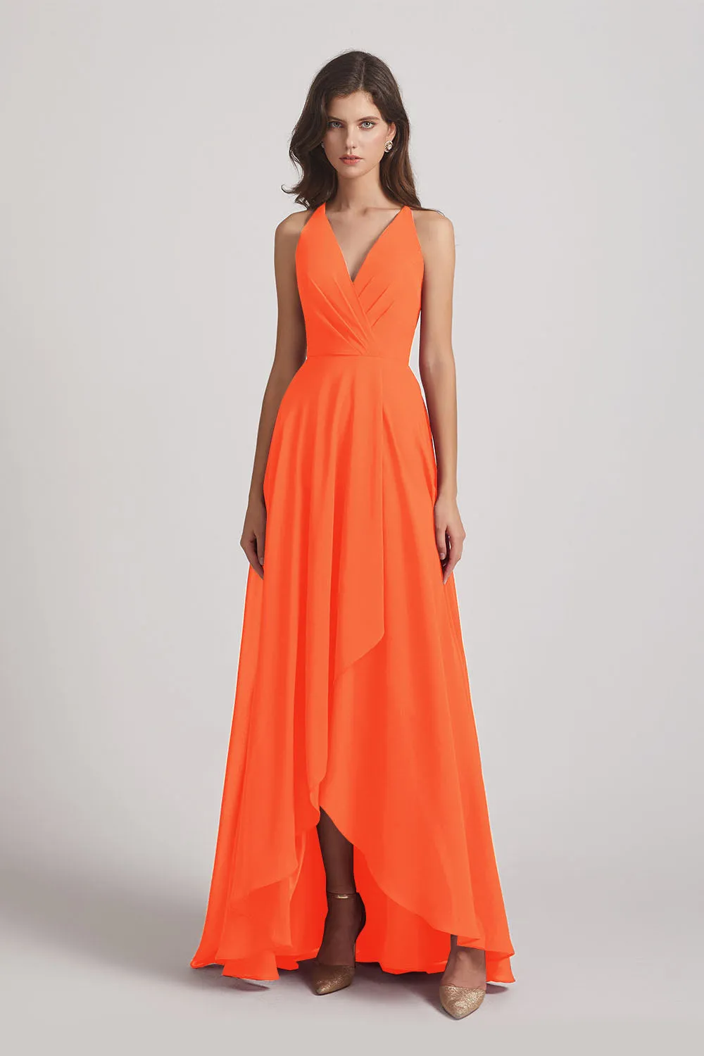 Straps V-Neck Chiffon Country High Low Bridesmaid Dresses (AF0090)