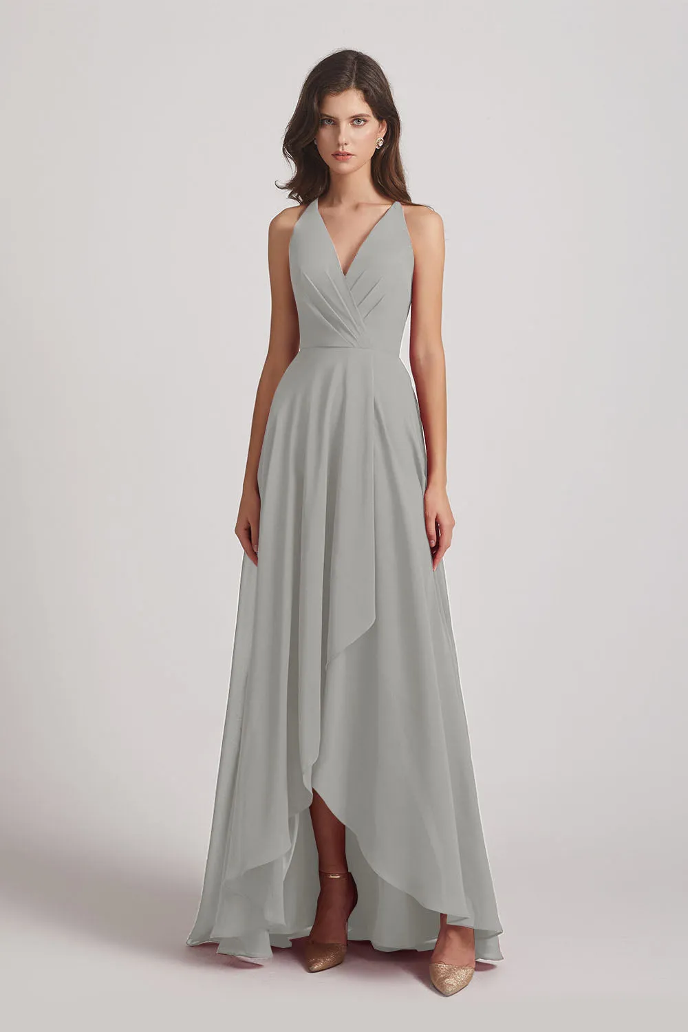 Straps V-Neck Chiffon Country High Low Bridesmaid Dresses (AF0090)