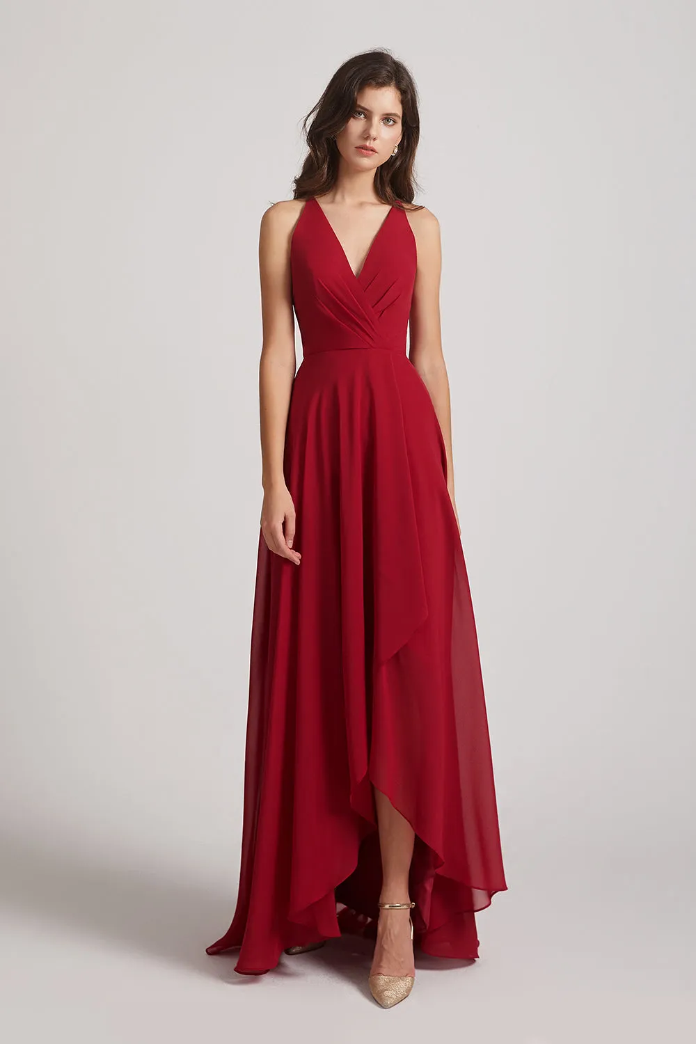 Straps V-Neck Chiffon Country High Low Bridesmaid Dresses (AF0090)