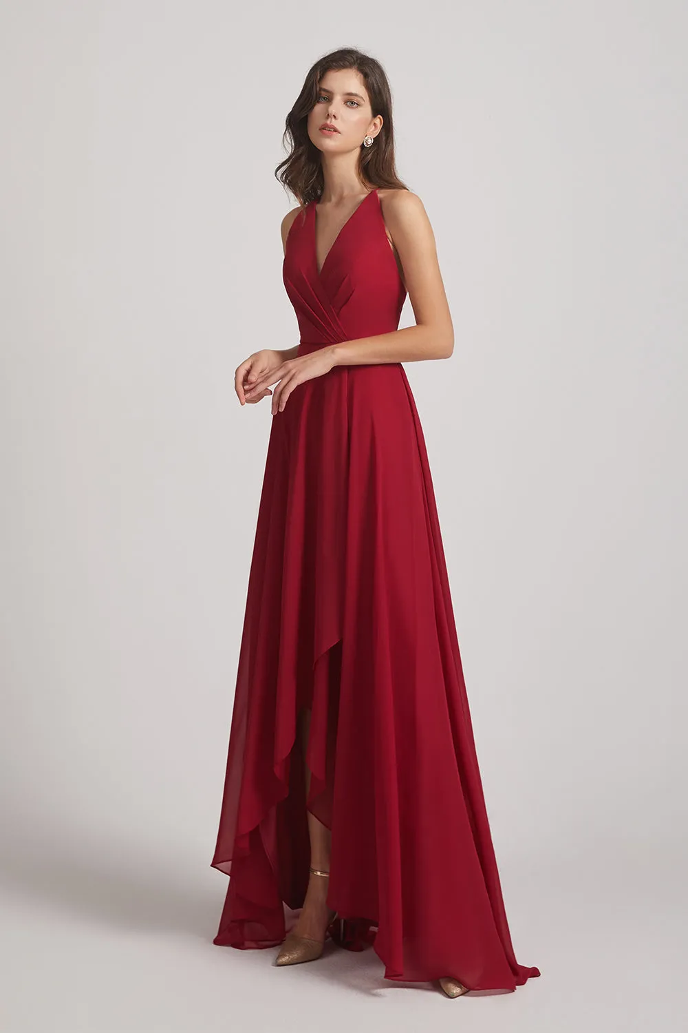 Straps V-Neck Chiffon Country High Low Bridesmaid Dresses (AF0090)