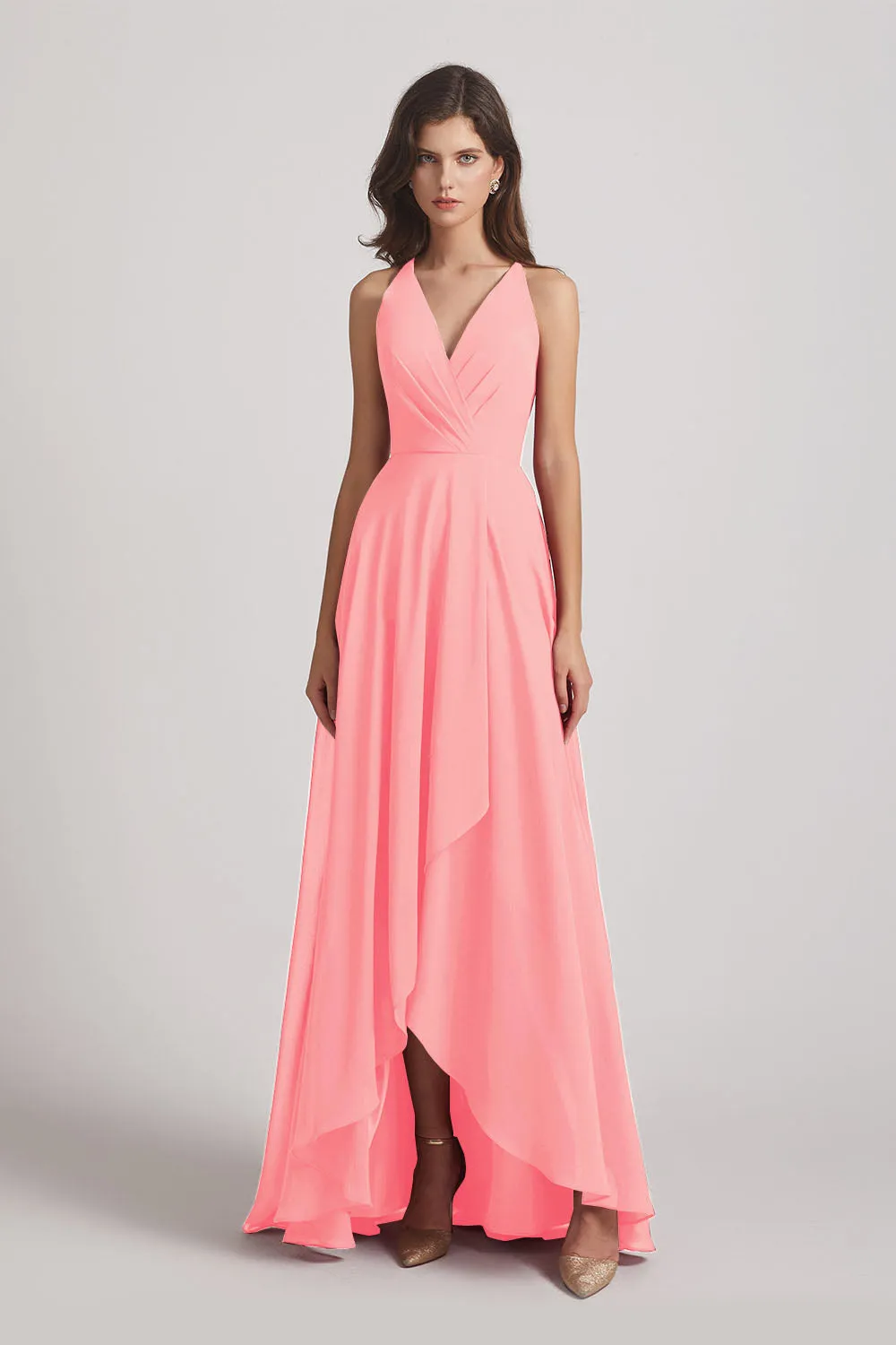 Straps V-Neck Chiffon Country High Low Bridesmaid Dresses (AF0090)