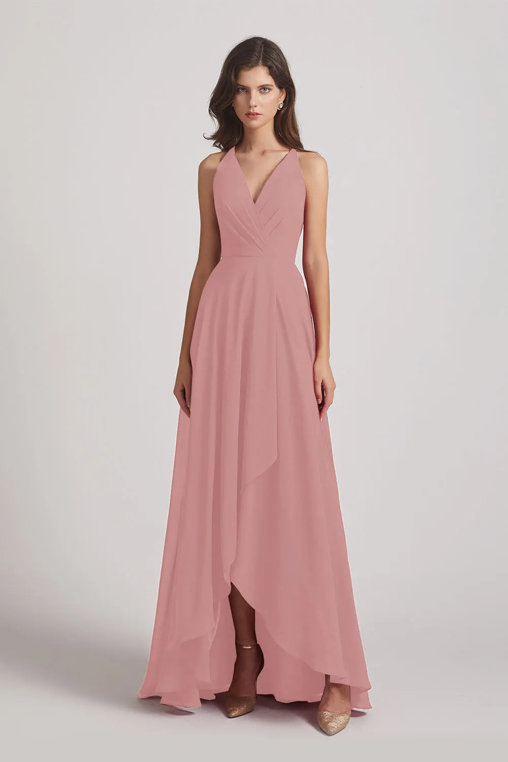 Straps V-Neck Chiffon Country High Low Bridesmaid Dresses (AF0090)