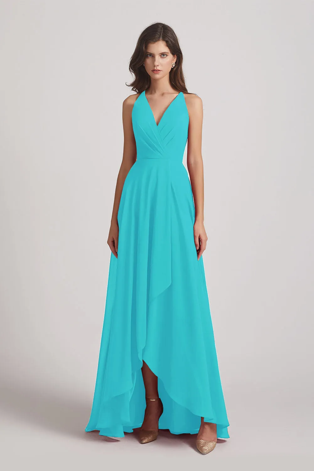 Straps V-Neck Chiffon Country High Low Bridesmaid Dresses (AF0090)