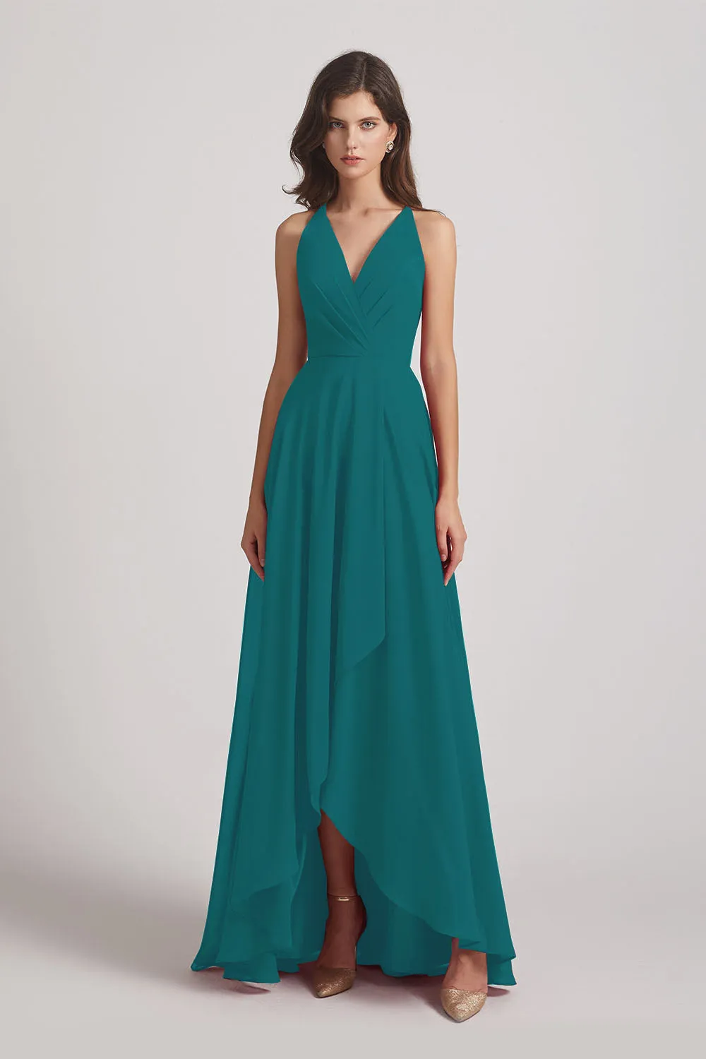 Straps V-Neck Chiffon Country High Low Bridesmaid Dresses (AF0090)