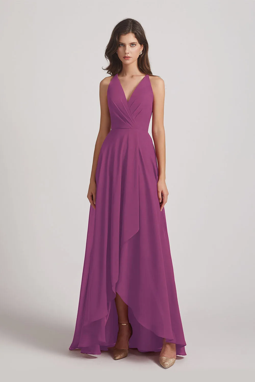 Straps V-Neck Chiffon Country High Low Bridesmaid Dresses (AF0090)