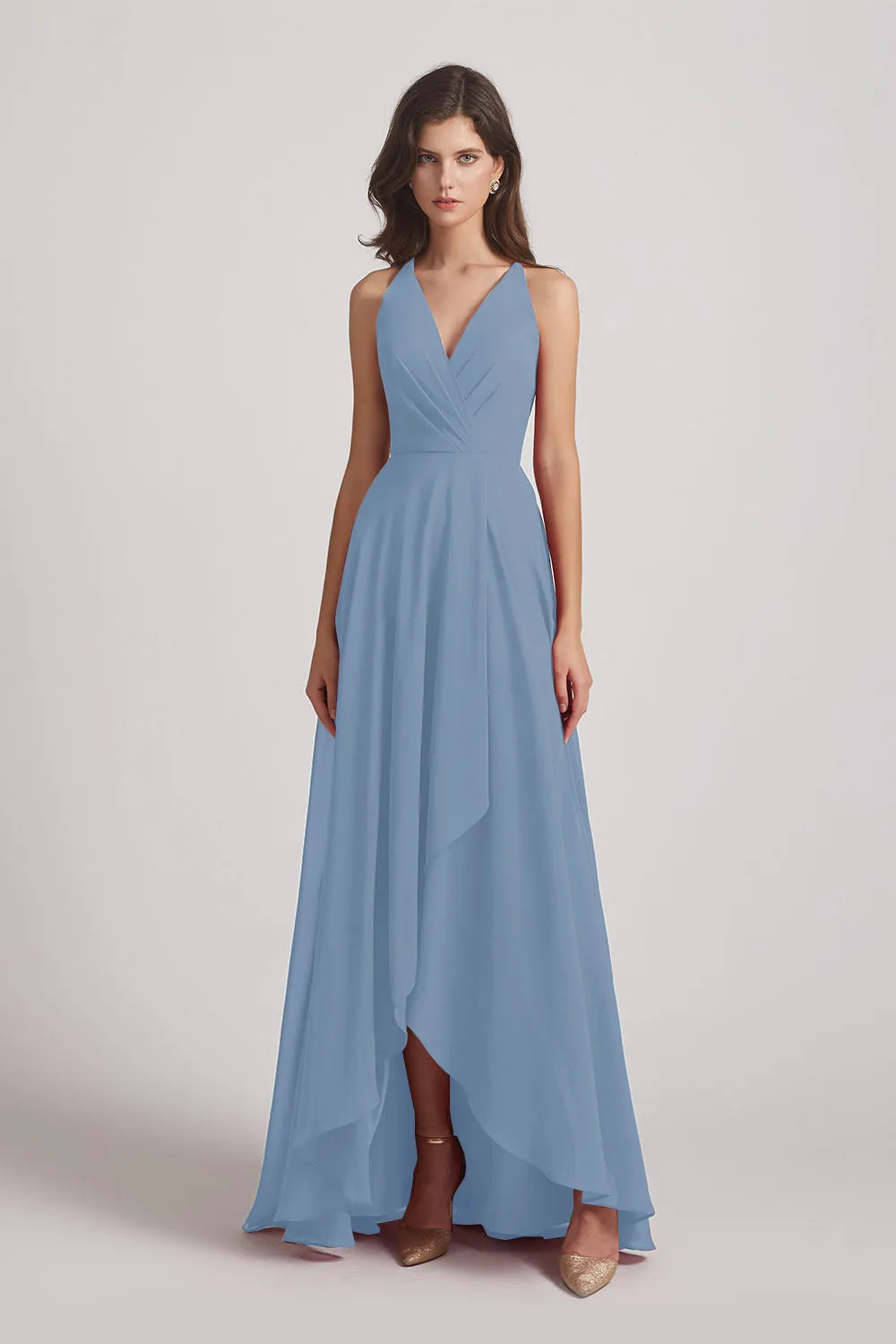 Straps V-Neck Chiffon Country High Low Bridesmaid Dresses (AF0090)