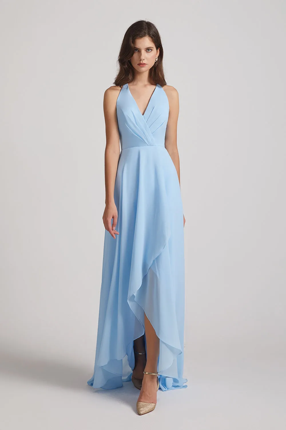 Straps V-Neck Chiffon Country High Low Bridesmaid Dresses (AF0090)