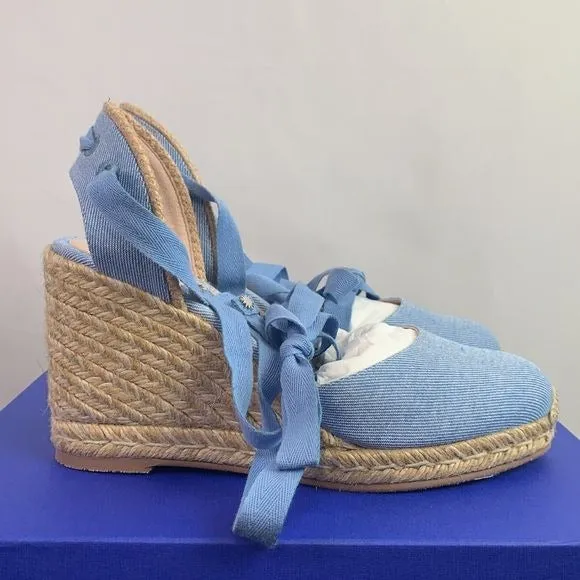 Stuart Weitzman NIB blue ankle tie straw wedges