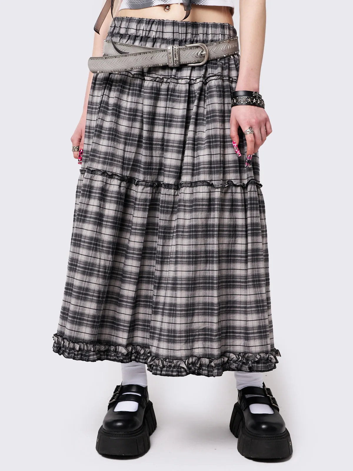 Tiana Checkered Ruffled Maxi Skirt