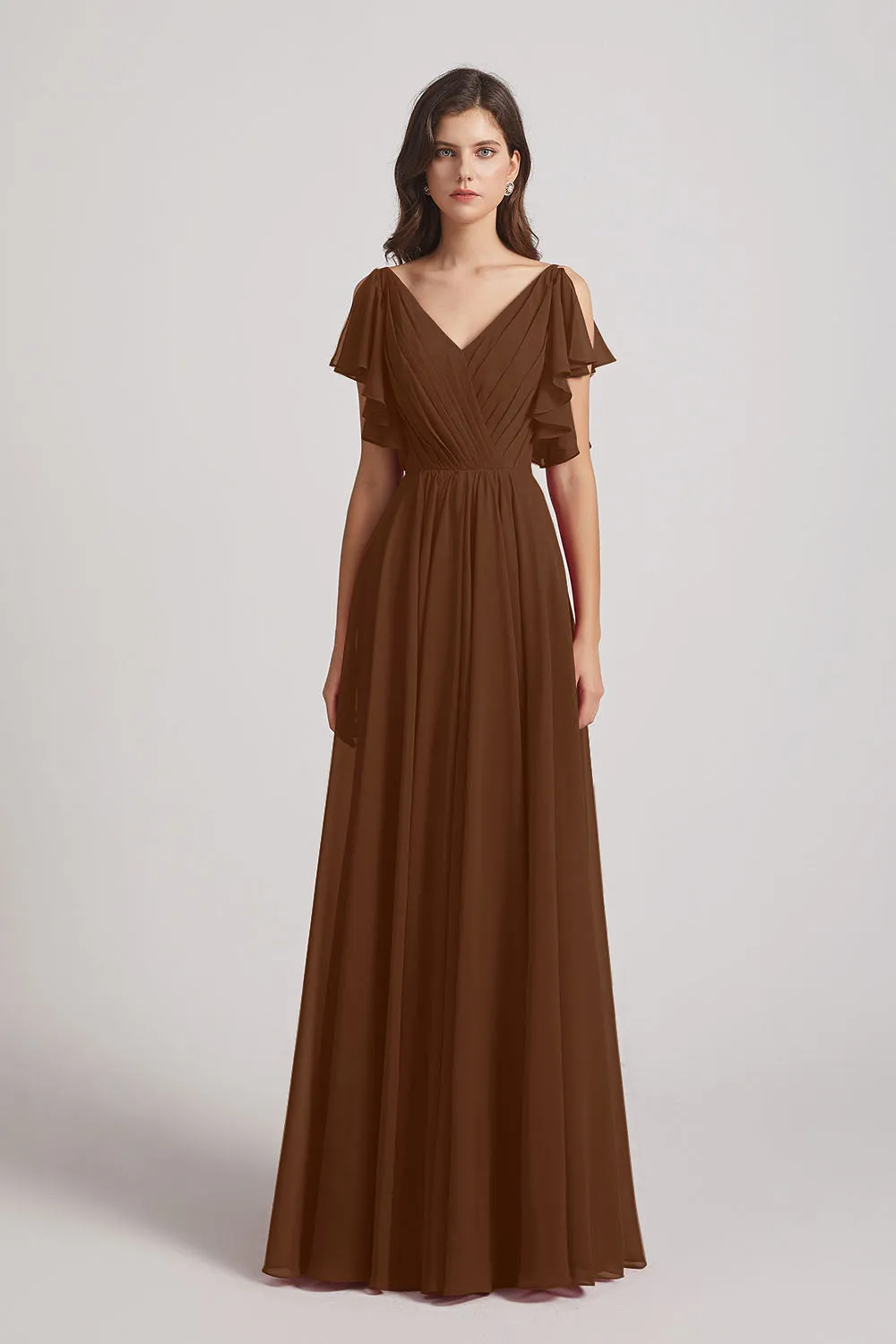 V-Neck Pleated Chiffon Bridesmaid Dresses with Open Flutter Sleeves (AF0098)