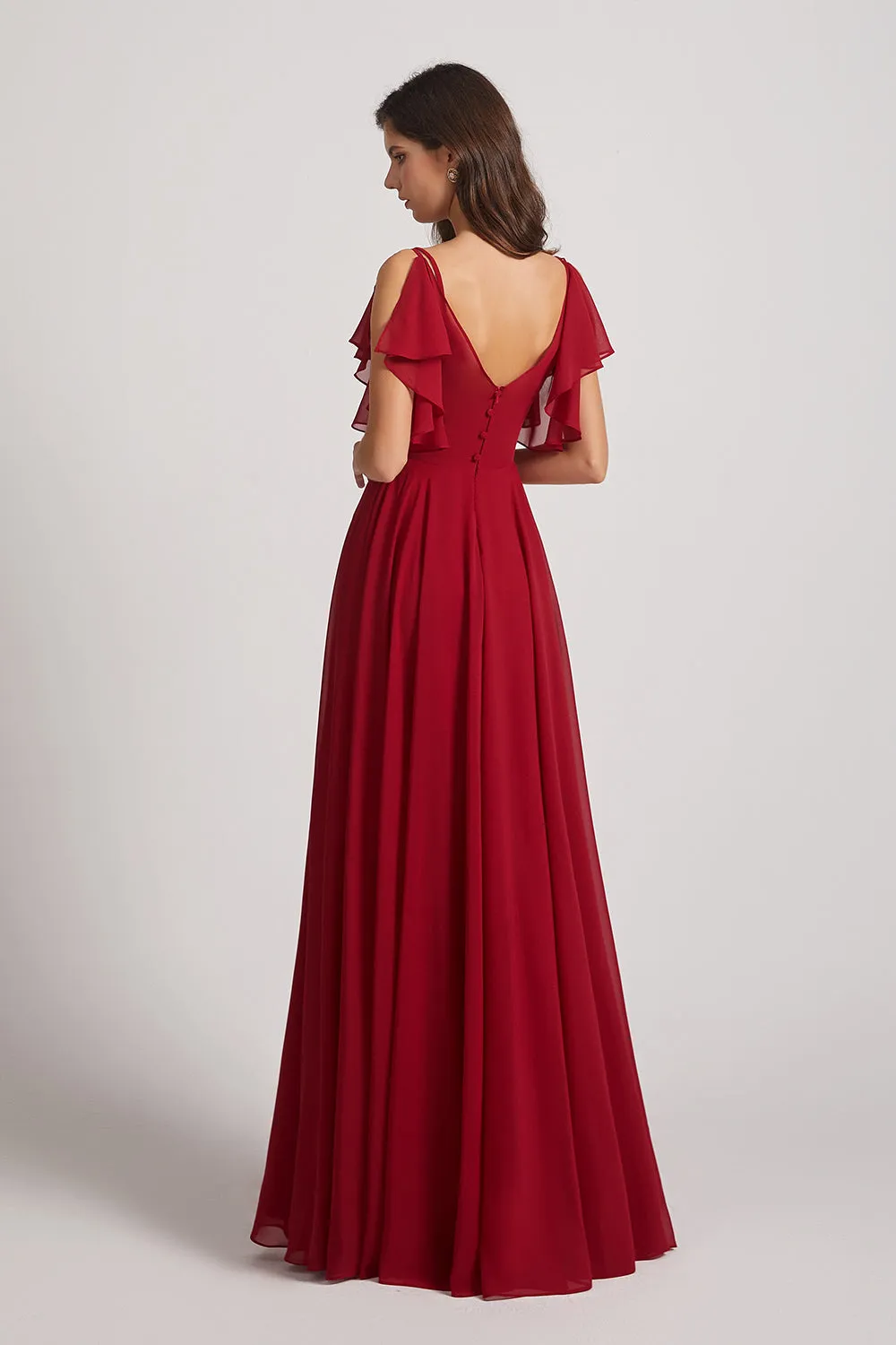 V-Neck Pleated Chiffon Bridesmaid Dresses with Open Flutter Sleeves (AF0098)