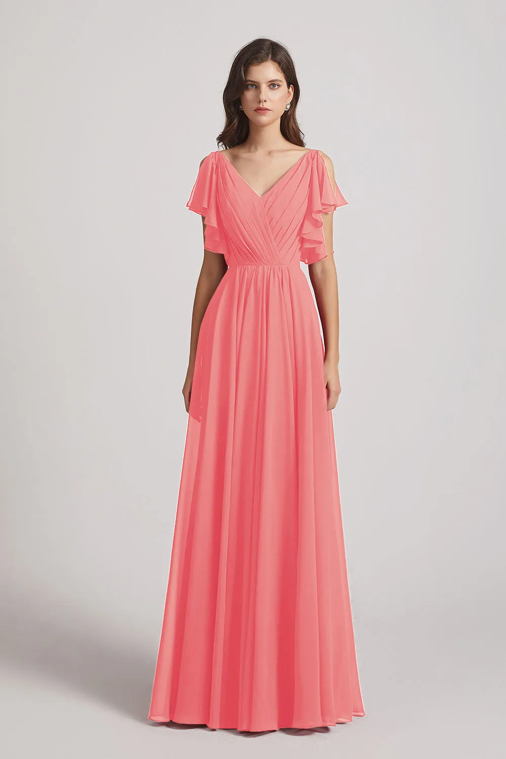 V-Neck Pleated Chiffon Bridesmaid Dresses with Open Flutter Sleeves (AF0098)