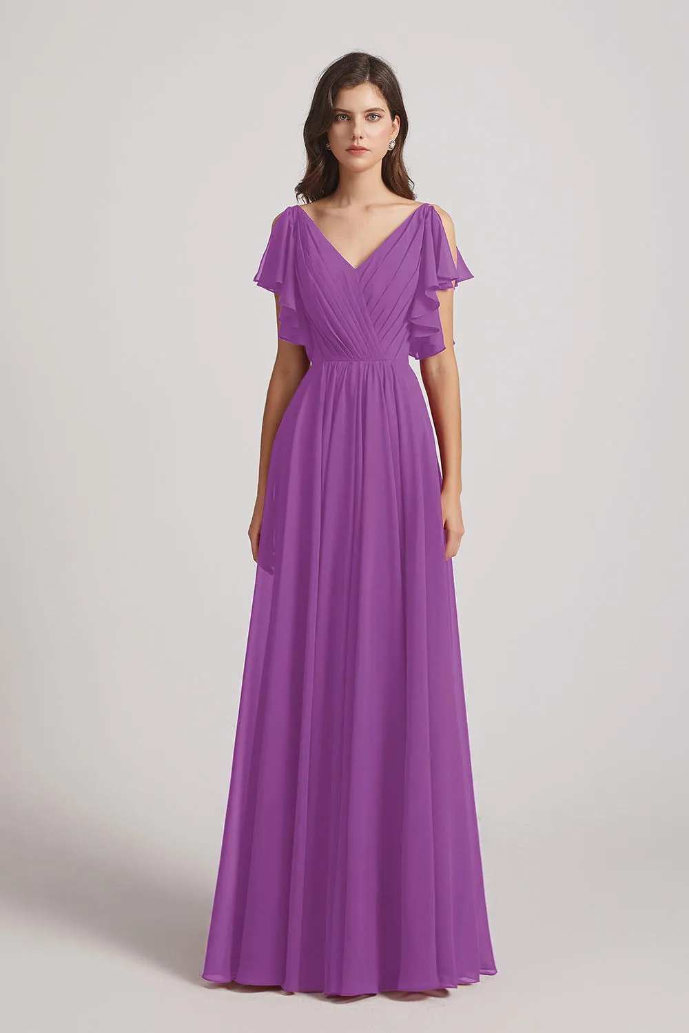 V-Neck Pleated Chiffon Bridesmaid Dresses with Open Flutter Sleeves (AF0098)