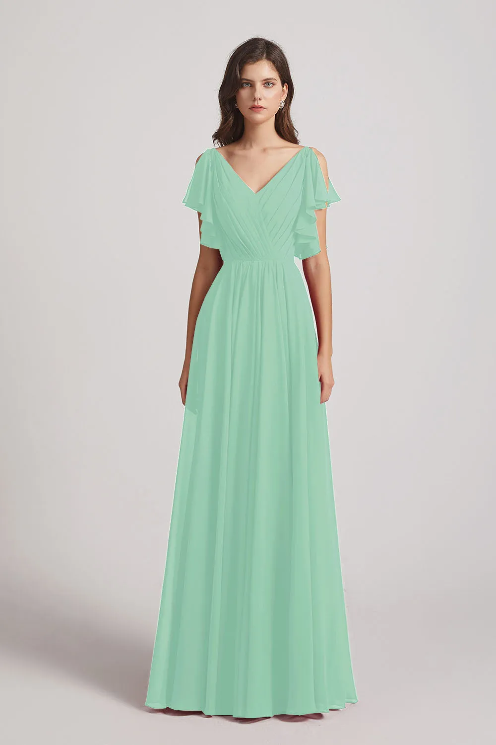 V-Neck Pleated Chiffon Bridesmaid Dresses with Open Flutter Sleeves (AF0098)