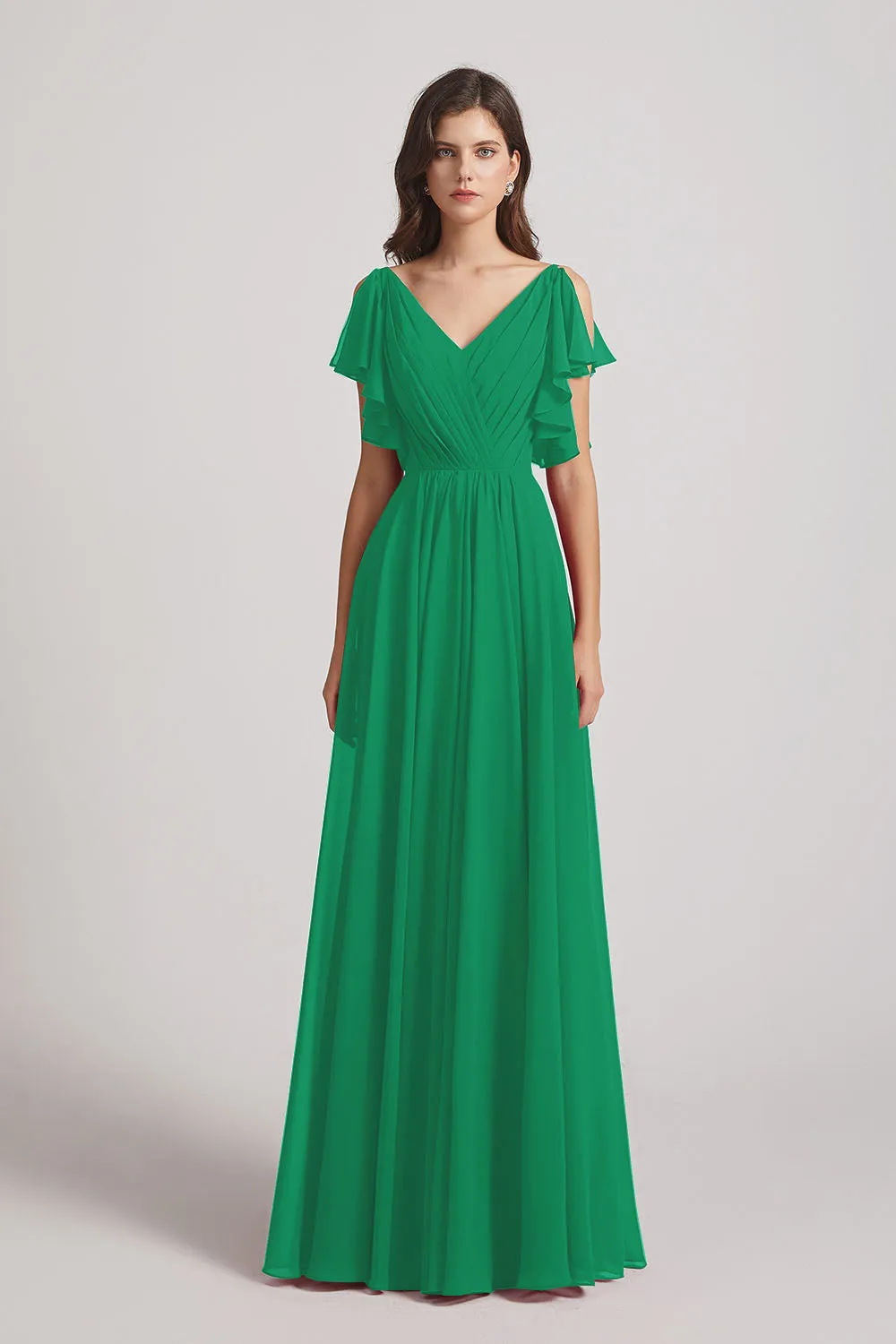 V-Neck Pleated Chiffon Bridesmaid Dresses with Open Flutter Sleeves (AF0098)