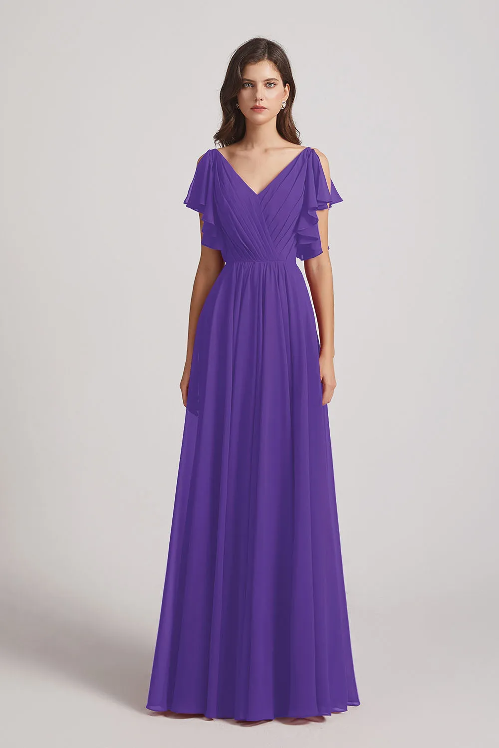 V-Neck Pleated Chiffon Bridesmaid Dresses with Open Flutter Sleeves (AF0098)