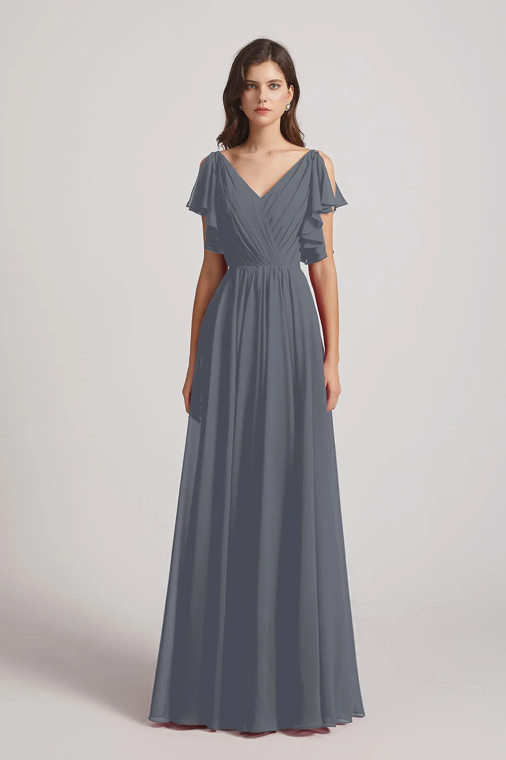 V-Neck Pleated Chiffon Bridesmaid Dresses with Open Flutter Sleeves (AF0098)