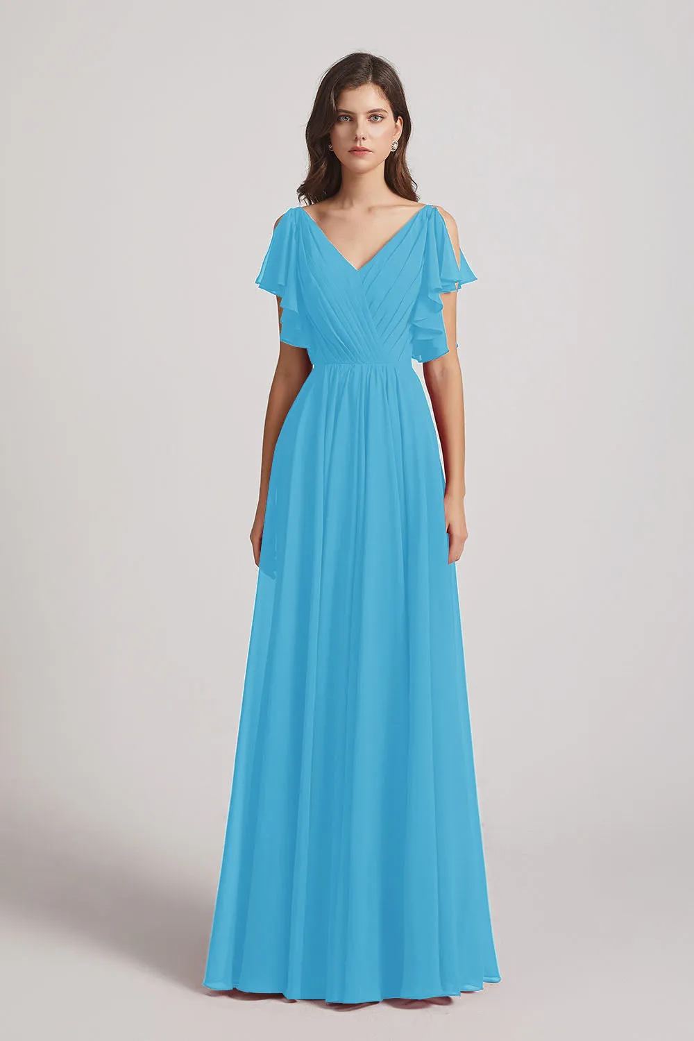 V-Neck Pleated Chiffon Bridesmaid Dresses with Open Flutter Sleeves (AF0098)