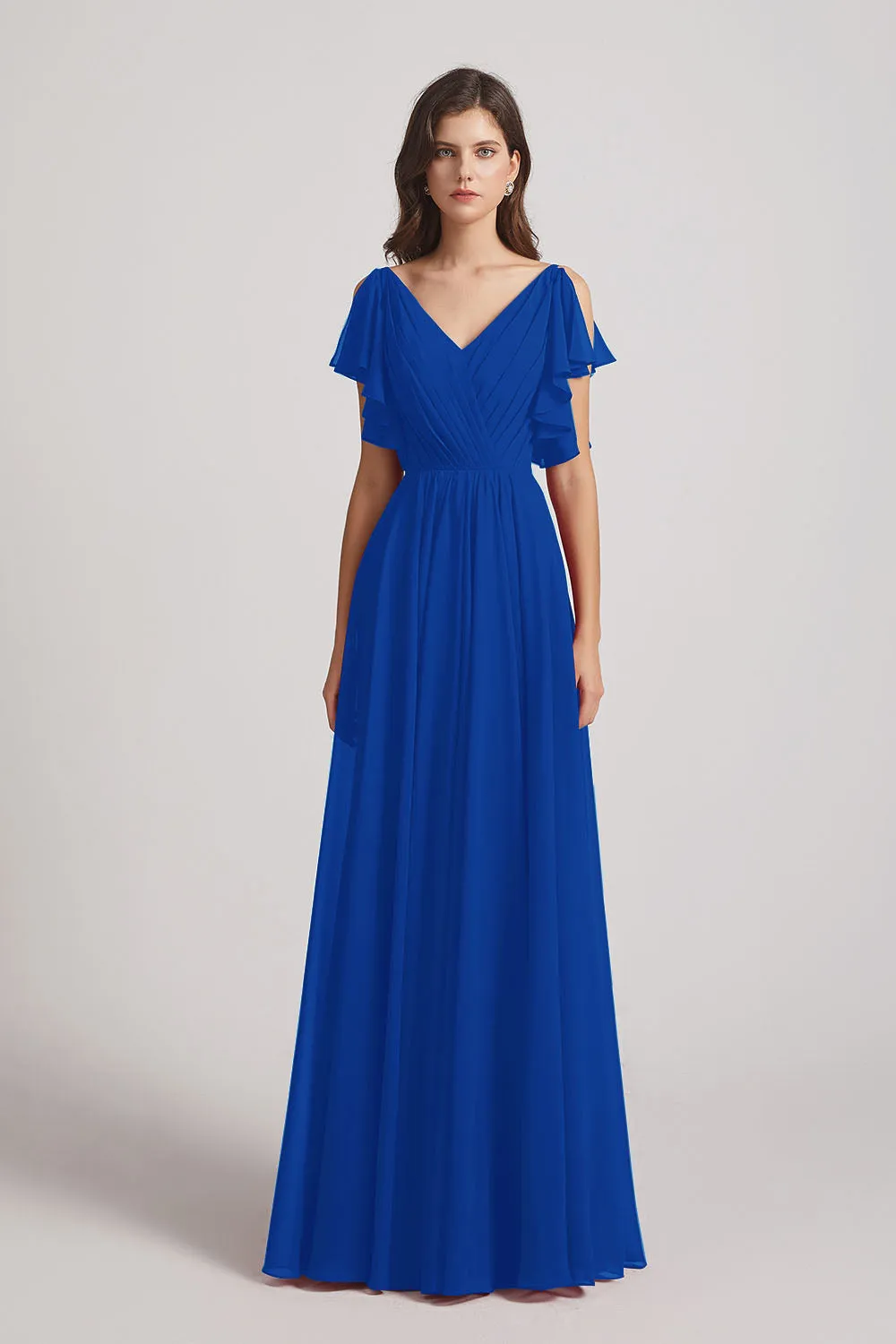 V-Neck Pleated Chiffon Bridesmaid Dresses with Open Flutter Sleeves (AF0098)