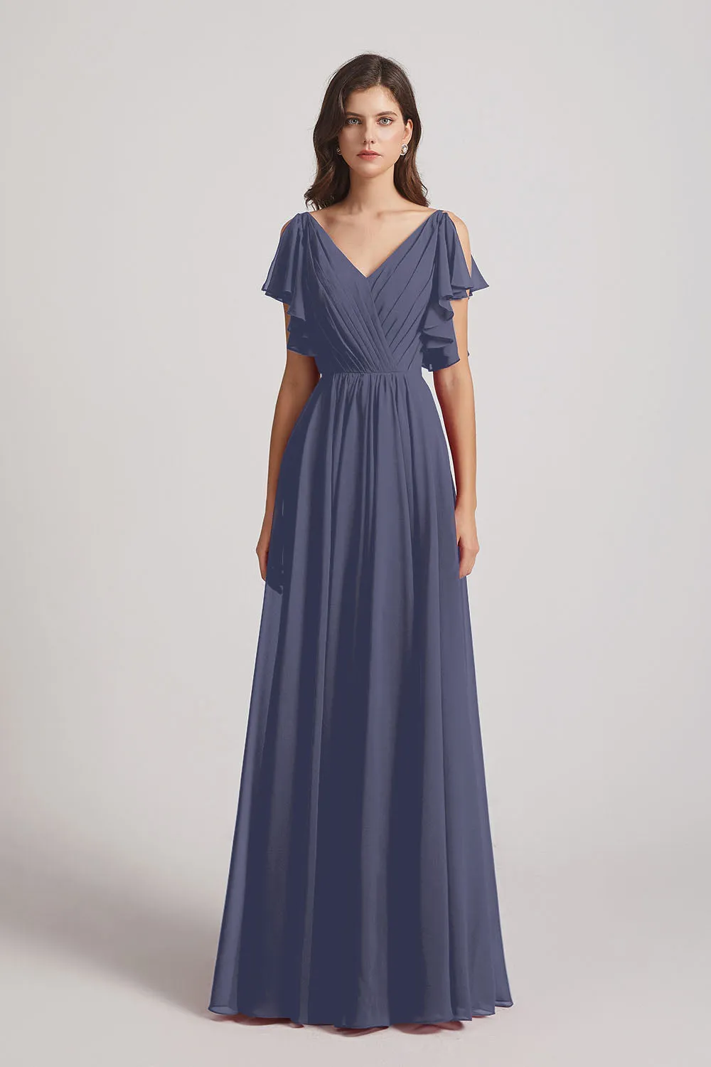 V-Neck Pleated Chiffon Bridesmaid Dresses with Open Flutter Sleeves (AF0098)