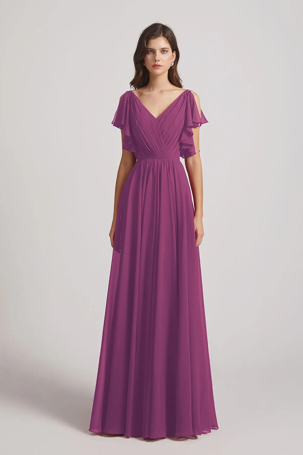 V-Neck Pleated Chiffon Bridesmaid Dresses with Open Flutter Sleeves (AF0098)