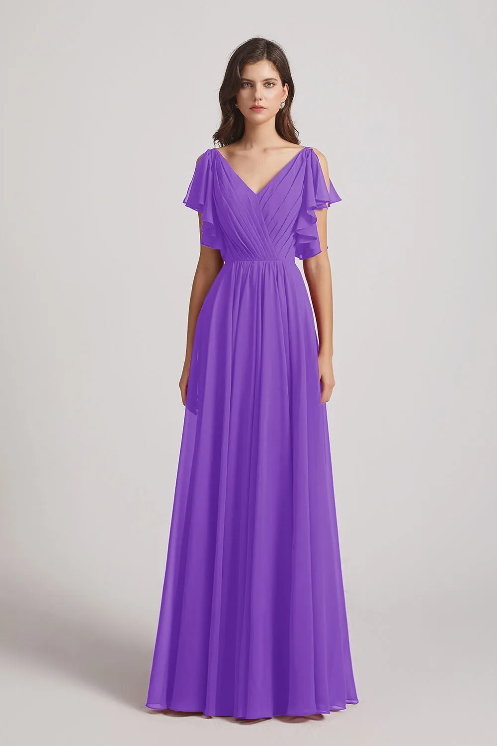 V-Neck Pleated Chiffon Bridesmaid Dresses with Open Flutter Sleeves (AF0098)