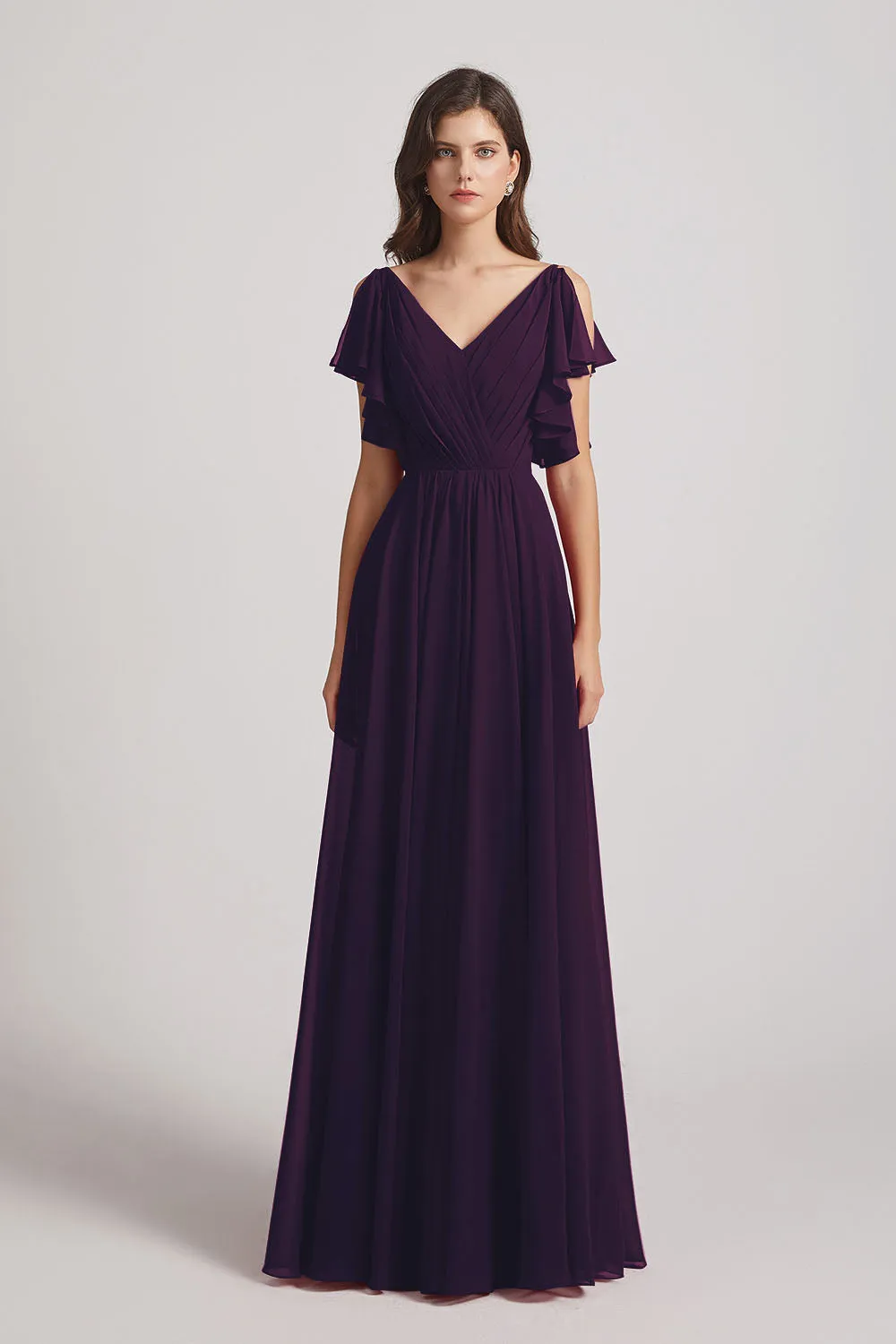 V-Neck Pleated Chiffon Bridesmaid Dresses with Open Flutter Sleeves (AF0098)