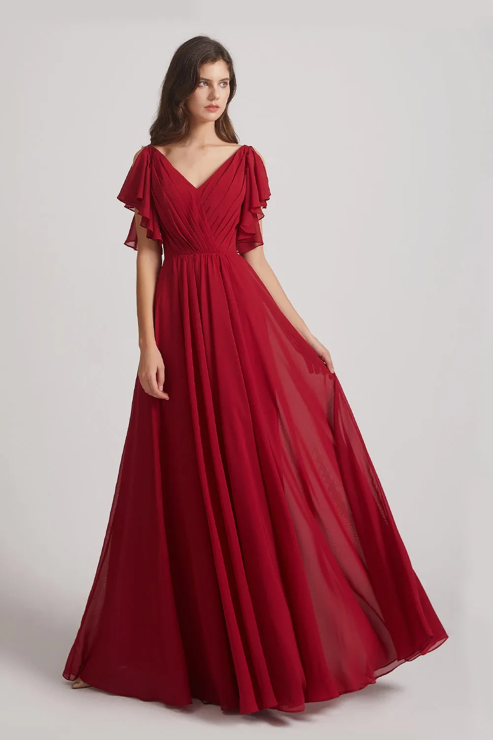 V-Neck Pleated Chiffon Bridesmaid Dresses with Open Flutter Sleeves (AF0098)